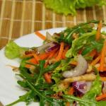 Recipes for salads of fried carrots with Chinese cabbage, chips, tongue, mushrooms